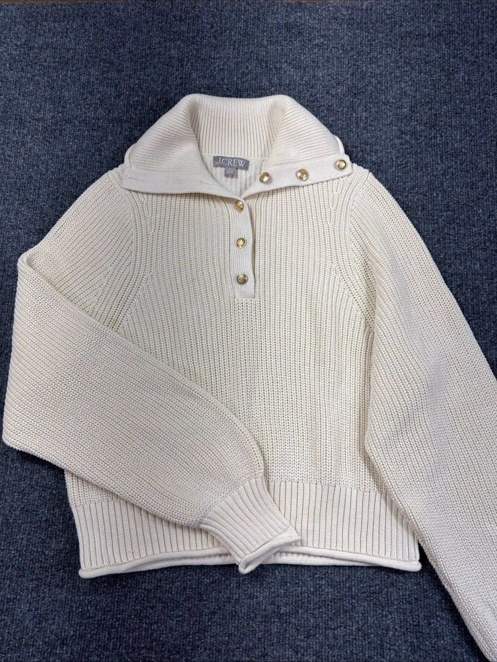 J.Crew Ribbed 100% Cotton Button Collar Relaxed Fit Sweater Beige Preppy Medium